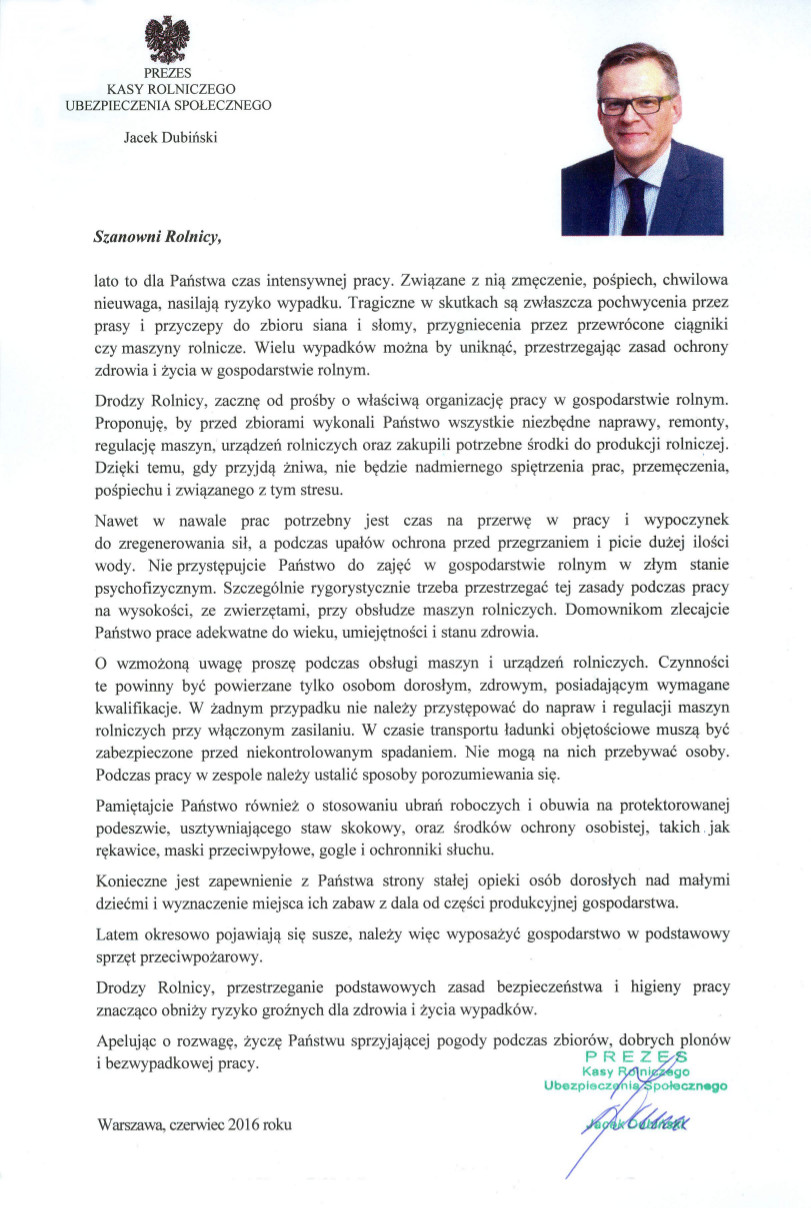 list prezesa KRUS 2016 cz