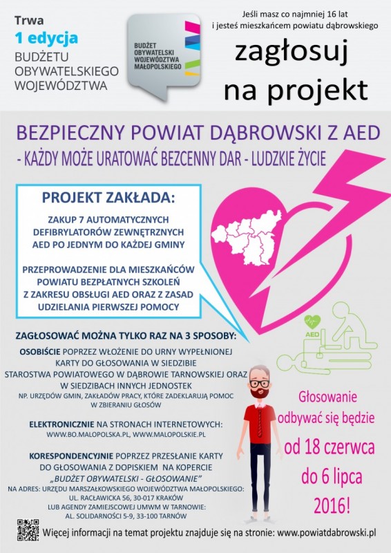 plakat Bezpieczny powiat dąbrowski z AED