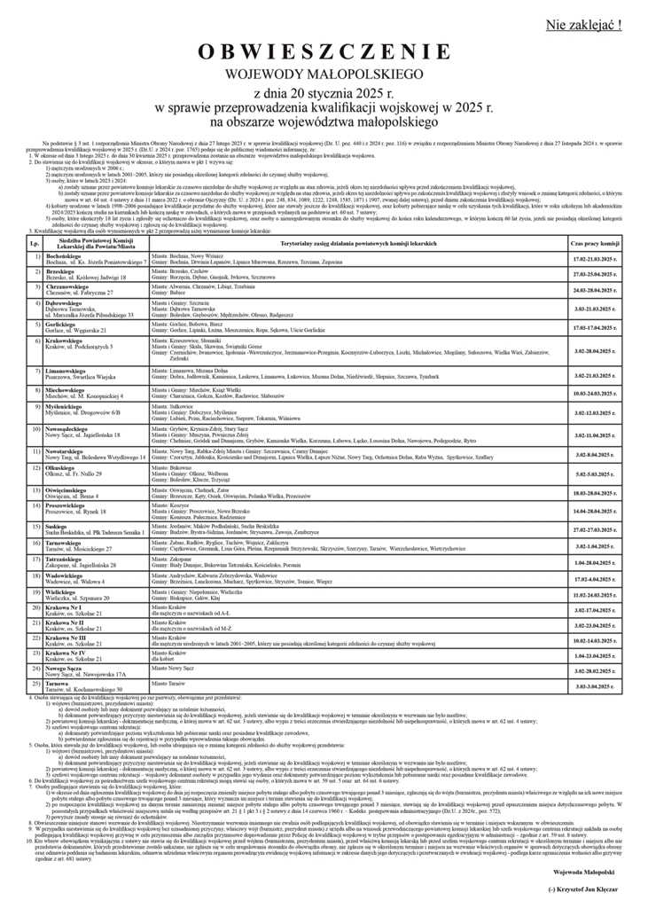 Obwieszczenie Wojewody Malopolskiego w sprawie przeprowadzenia kwalifikacji wojskowej w 2025 rpdf page 0001